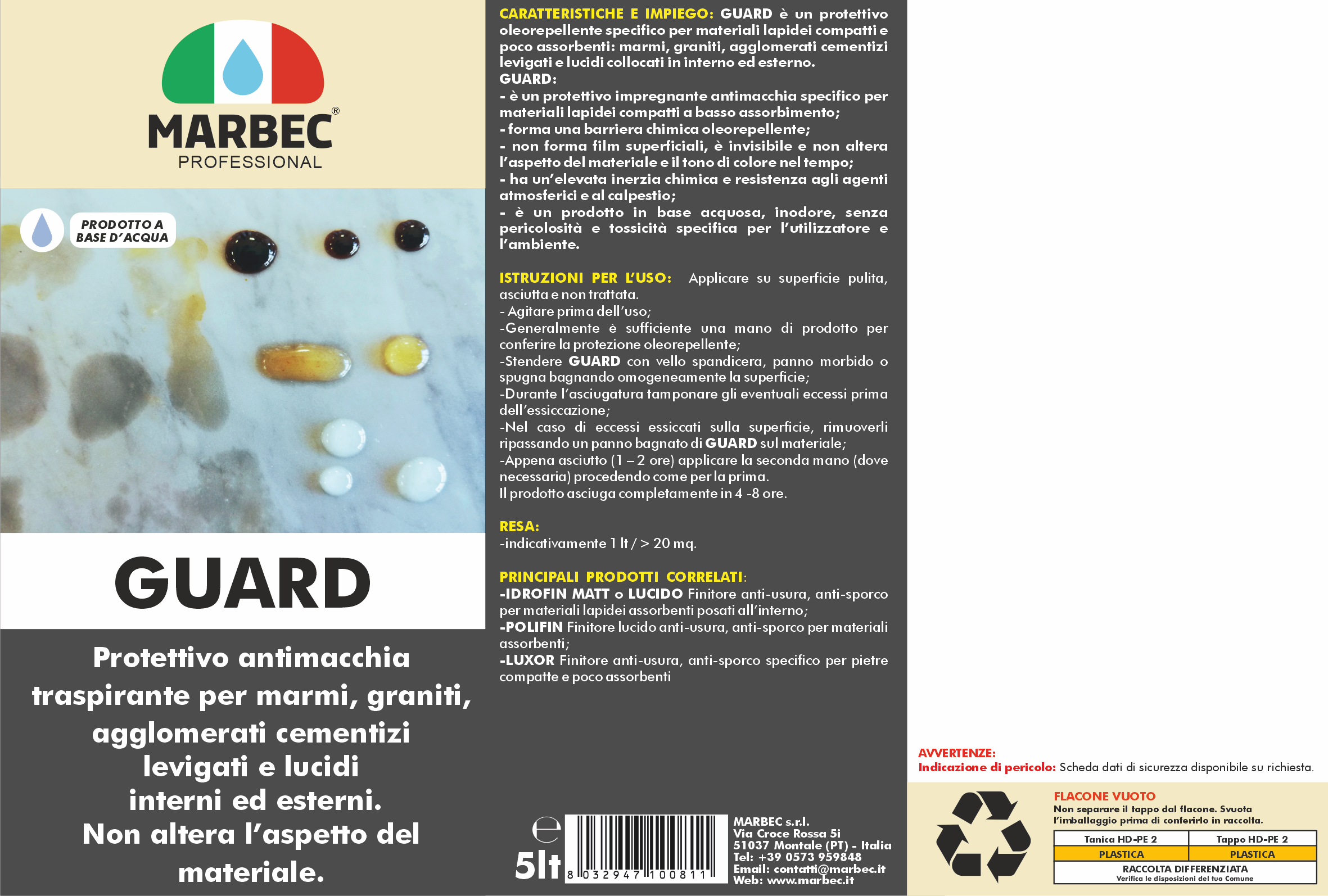 Protettivo per marmi, graniti, graniglie lucide GUARD   5LTx4Pz