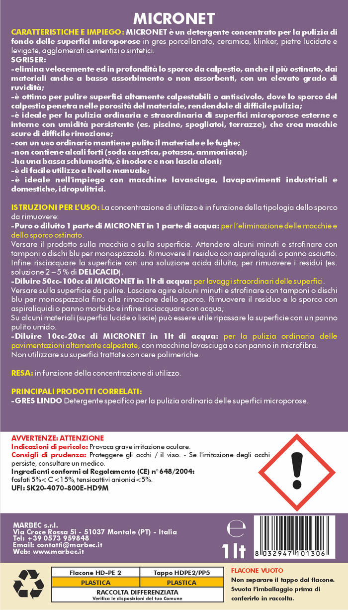 Detergente per gres porcellanato e pietre MICRONET   1LT