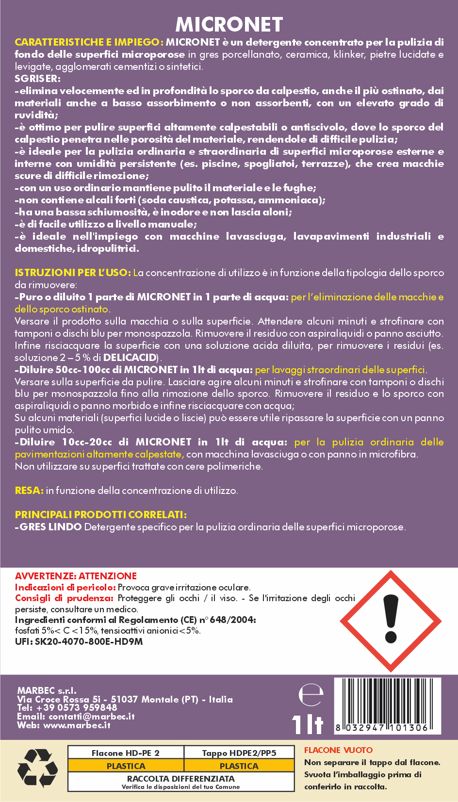 Detergente per gres porcellanato e pietre MICRONET   1LT