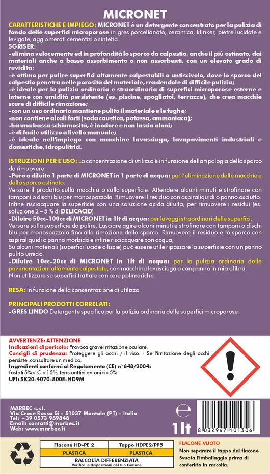 Detergente per gres porcellanato e pietre MICRONET   1LTx6Pz