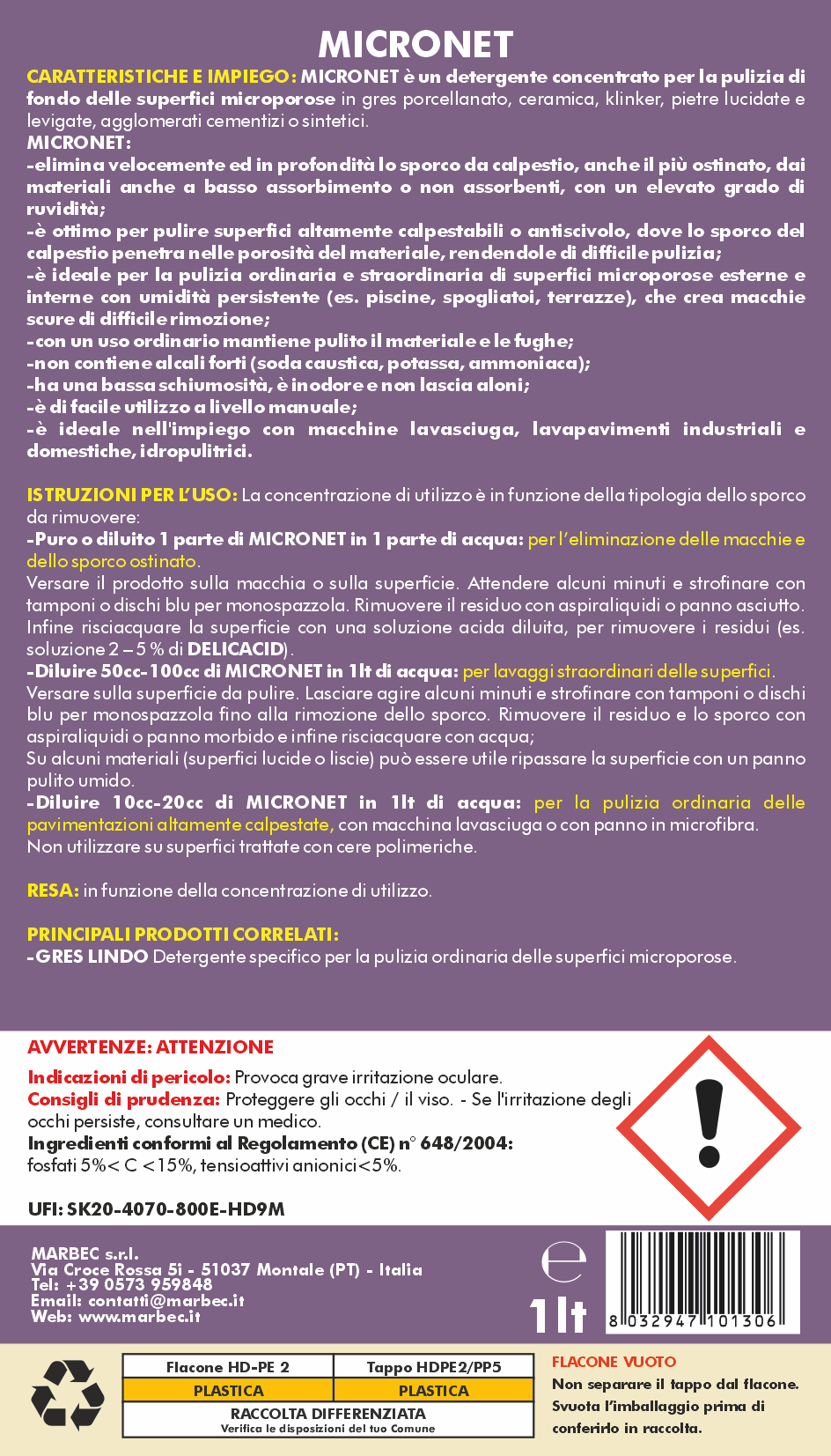 Detergente per gres porcellanato e pietre MICRONET   1LT + Tampone in Melamina