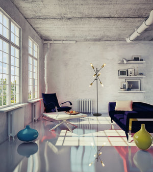 Piantana Industrial-Nordico Armstrong Acciaio Nero Ottone 6 Luci E27