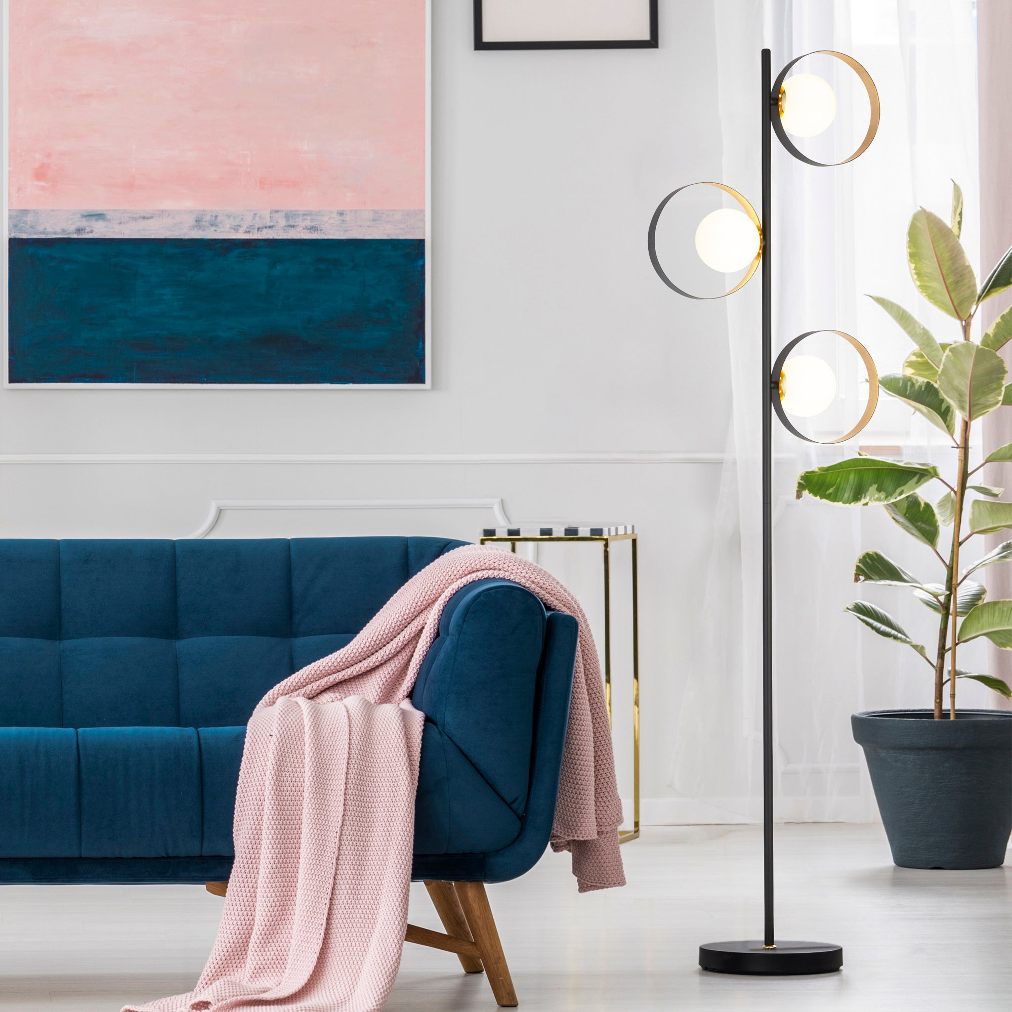 Piantana Contemporaneo Orbitale Acciaio Nero Vetro Oro 1 Luce G9