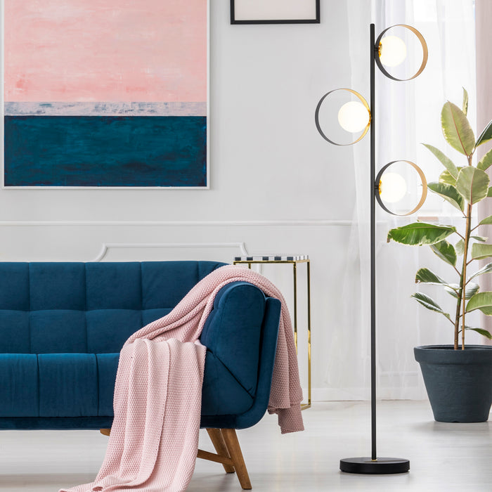 Piantana Contemporaneo Orbitale Acciaio Nero Vetro Oro 1 Luce G9