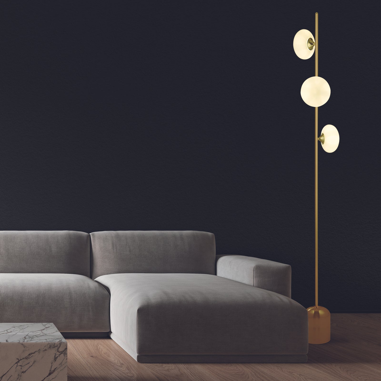 Piantana Contemporaneo Ciottolo Acciaio Ottone Vetro Bianco 3 Luci G9