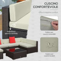Salotto da Giardino in Rattan da 7 Pezzi con Tavolino e Divano Modulabile con Cuscini, Crema