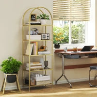 Scaffale Portaoggetti ad Arco a 5 Ripiani in Acciaio e Vetro Temperato, 60x30x175 cm, Oro