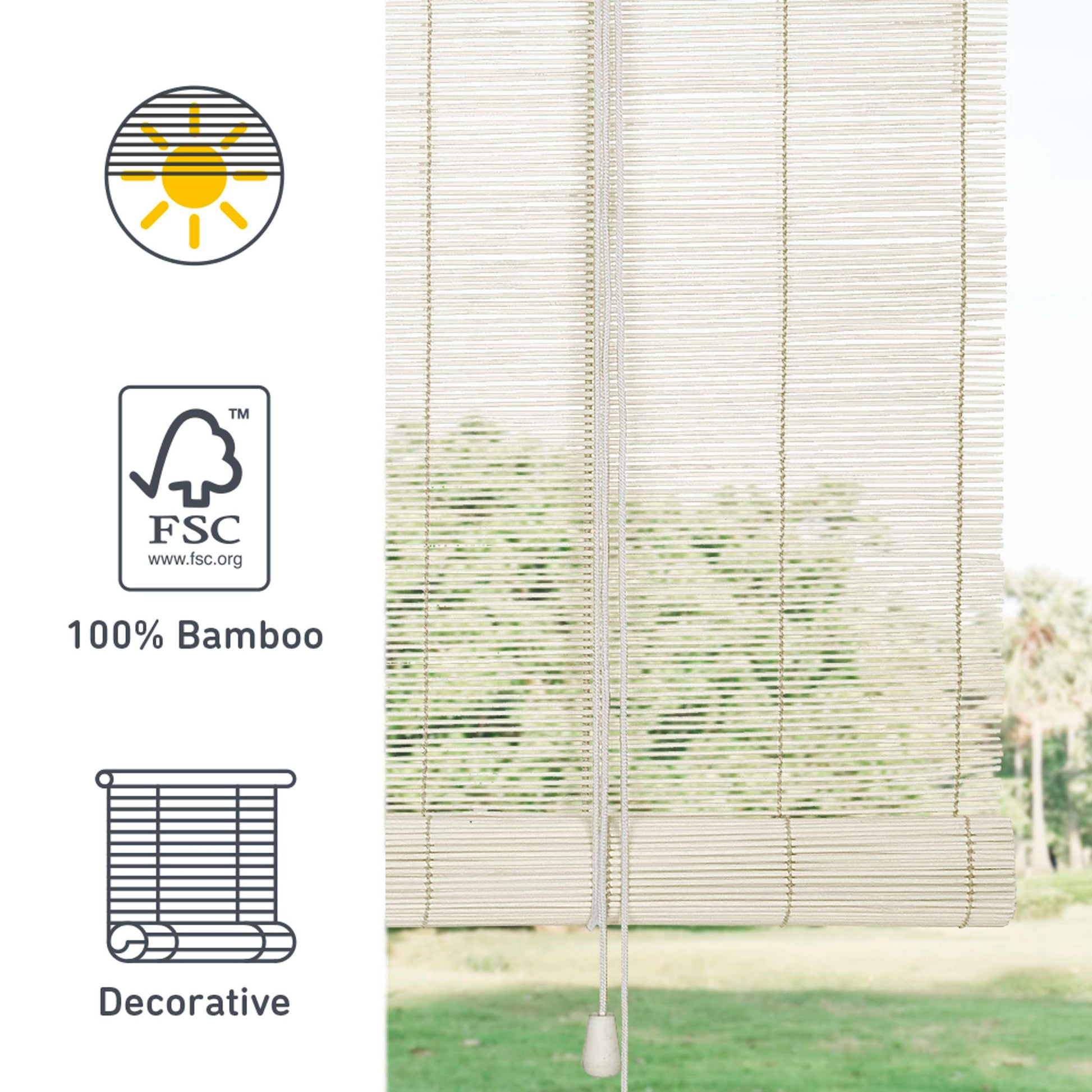 Tenda a rullo oscurante in bamboo naturale Bianco 120x175 cm