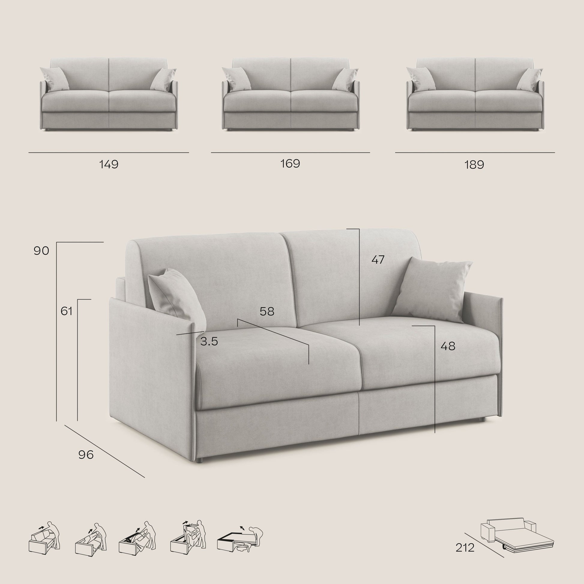 Divano Letto 3 Posti 189x96x96 cm in Tessuto Marrone