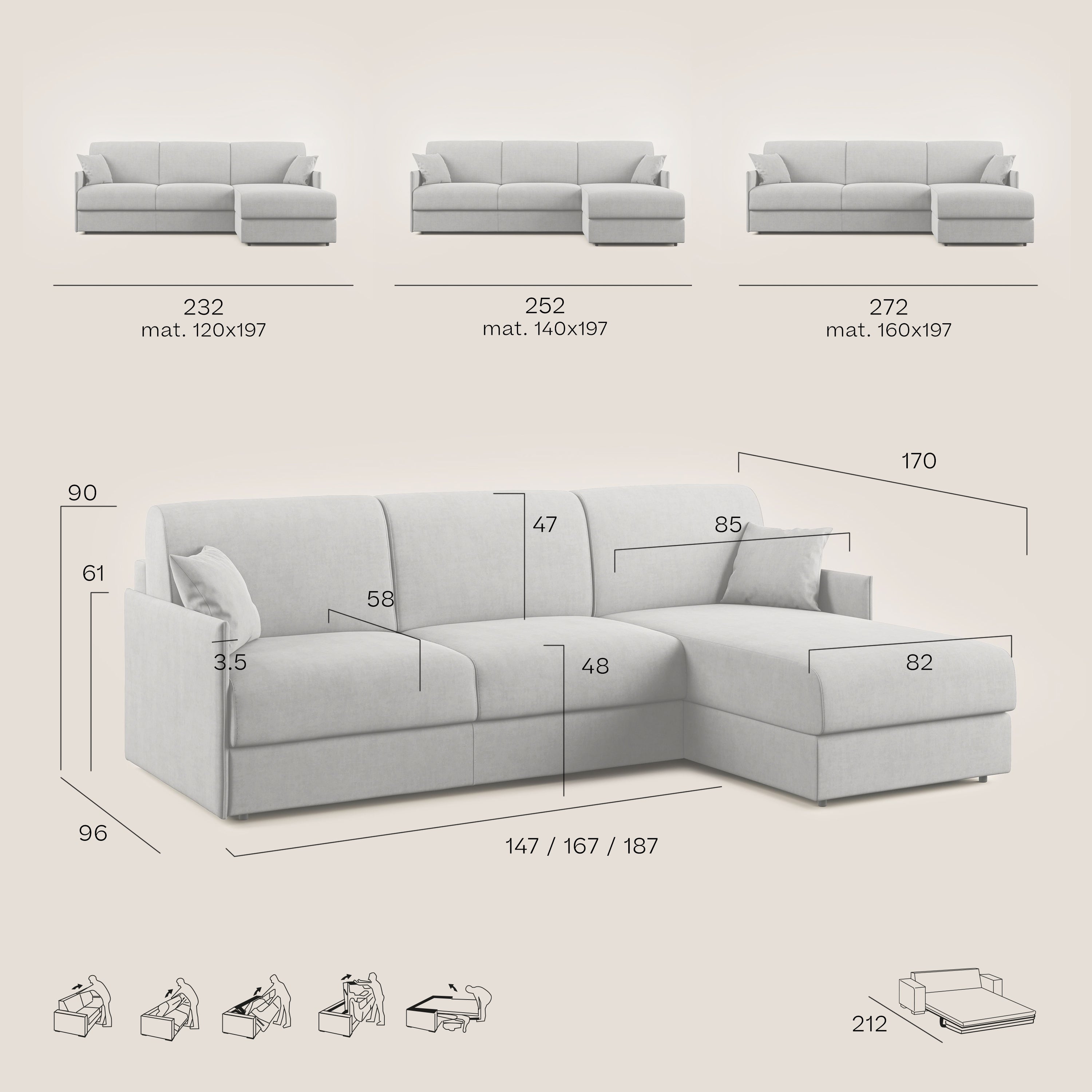 Evans Divano letto angolare con penisola in morbido tessuto impermeabile T13 272 cm Sinistro (mat. 160x197)  marrone