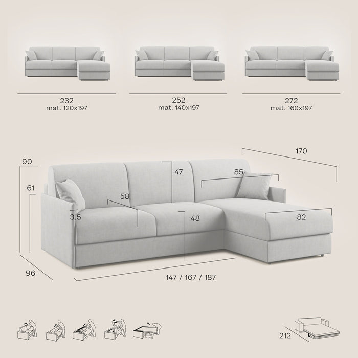 Evans Divano letto angolare con penisola in morbido tessuto impermeabile T13 252 cm Sinistro (mat. 140x197)  beige