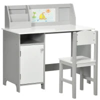 Set Tavolo e Sedie per Bambini 5+ Anni in Legno con Banco Scuola e Sedia Bianco e Grigio