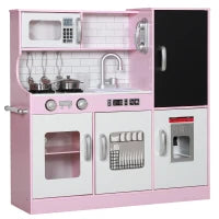 Cucina Giocattolo in Legno per Bambini 3-8 Anni con Fornelli, Microonde, Lavandino, e Accessori, Rosa