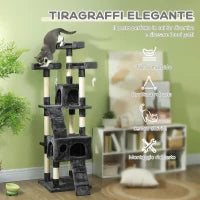 Albero Tiragraffi per Gatti con 3 Posatoi, 2 Casette e Giochi Appesi, in Legno e Peluche, 49x49x173 cm, Grigio