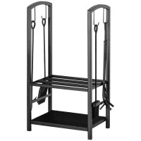 Portalegna da Interno ed Esterno in Metallo a 2 Ripiani, Porta Legna per Interni, Paletta, Scopa, Attizzatoio e Pinza, 40x30x74.5 cm, Nero