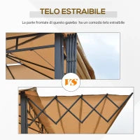 Gazebo Pergola da Esterno 3.3x3.3m con Doppio Tettuccio e Telo Estraibile, Marrone Chiaro