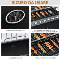 Barbecue a Gas con Coperchio, 7 Bruciatori da 20kW, Fornello Laterale e 2 Ruote, 135x50x100cm Nero
