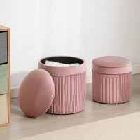 Set 2 Pouf Poggiapiedi Rotondi Impilabili e Imbottiti con Rivestimento in Velluto, Contenitore da 34.8L, Rosa