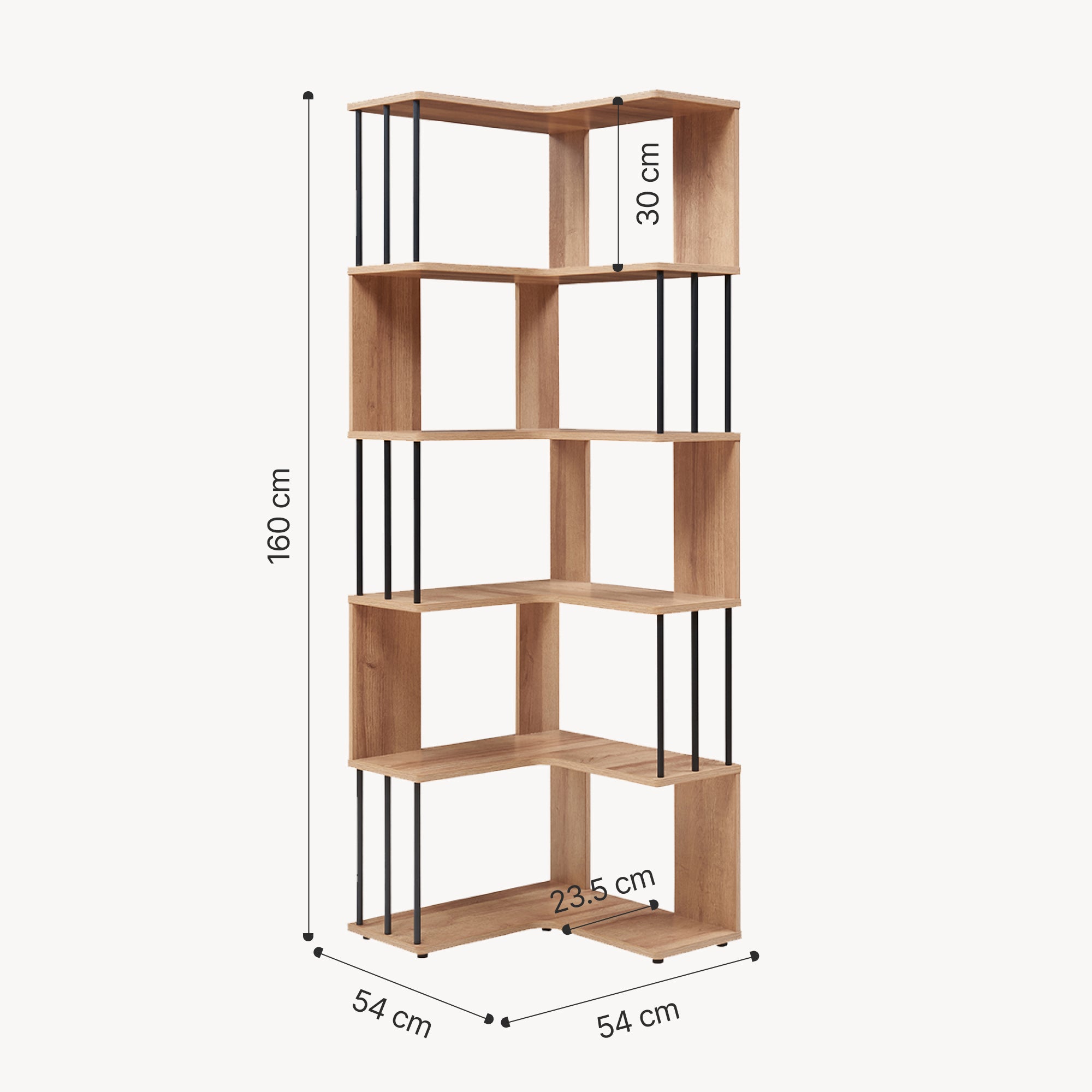 Scaffale Angolare Afrel con 5 Ripiani Aperti 160 x 54 x 54 cm - Effetto Rovere [en.casa]