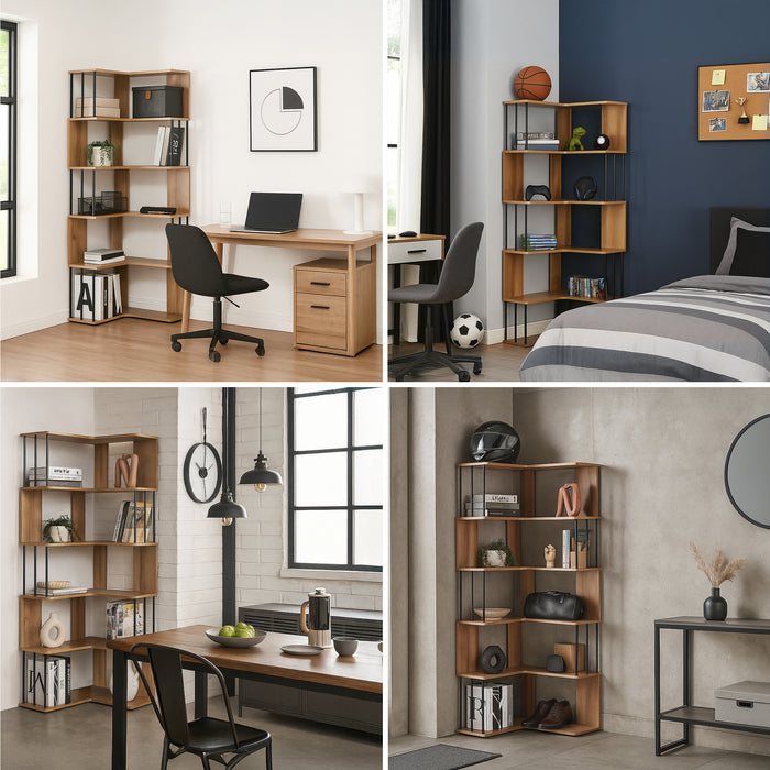 Scaffale Angolare Afrel con 5 Ripiani Aperti 160 x 54 x 54 cm - Effetto Rovere [en.casa]