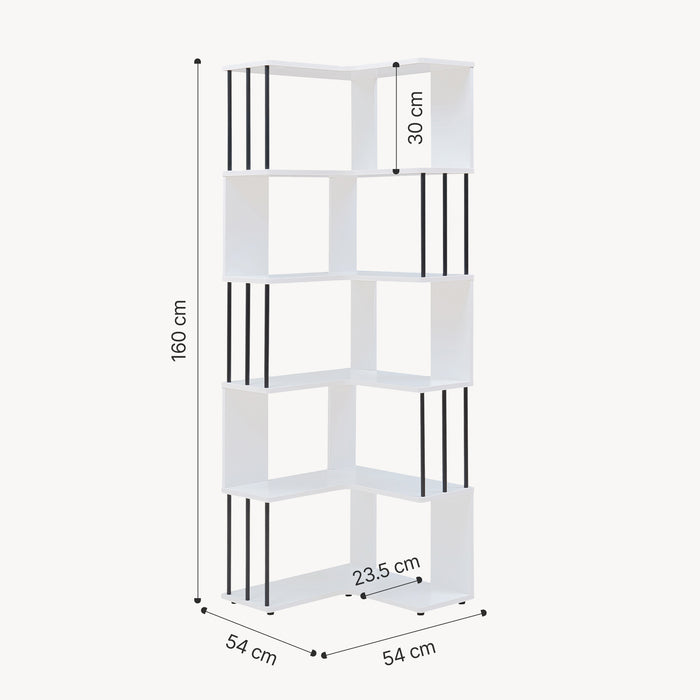 Scaffale Angolare Afrel con 5 Ripiani Aperti 160 x 54 x 54 cm - Bianco [en.casa]