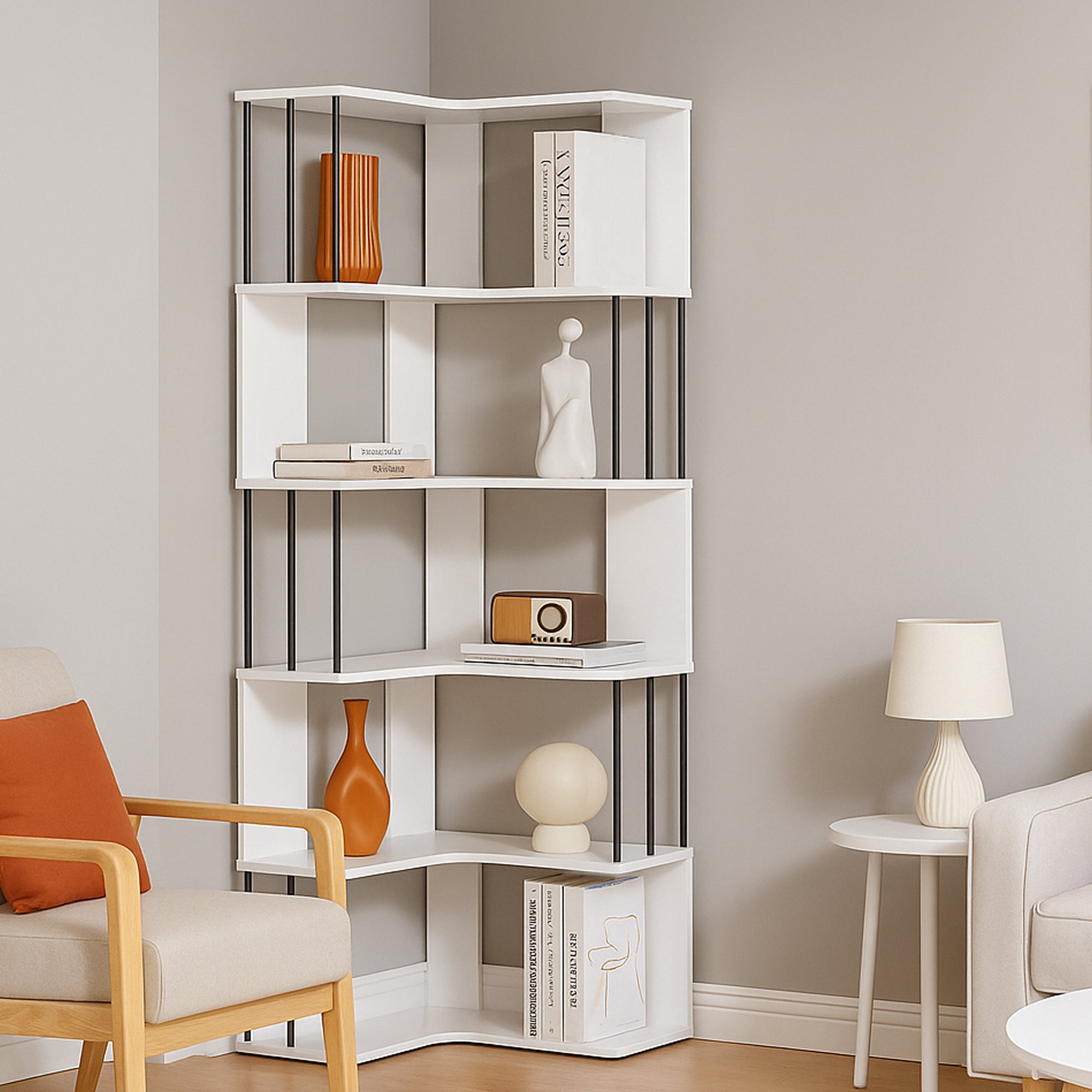 Scaffale Angolare Afrel con 5 Ripiani Aperti 160 x 54 x 54 cm - Bianco [en.casa]