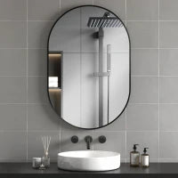 Specchio Bagno Ovale da Parete con Cornice in Alluminio, Verticale o Orizzontale, 60x90cm, Nero