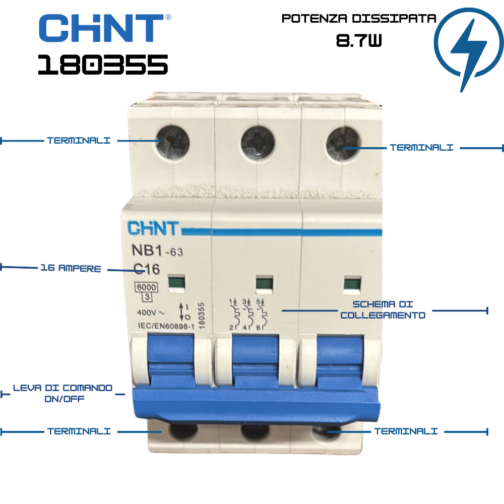 Chint nb1-63 interruttore magnetotermico 3p curva c 6ka guida din *** ampere 16 ampere, confezione 1