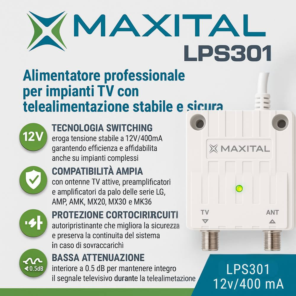 Maxital lps301 alimentatore 12v 400ma per antenne tv attive e amplificatori palo