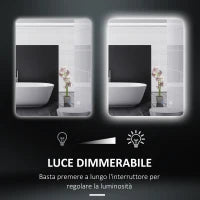 kleankin Specchio Bagno con Luci LED Regolabili, Interruttori Touch e Funzione Antiappannamento, 70x50 cm