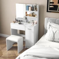 Toeletta Trucco con Specchio e Sgabello, Cassetto, Armadietto e Ripiani in Legno, Bianco