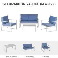 Salotto da Giardino, Divano da Giardino, Set Mobili da Esterno con Poltrona da Giardino in Metallo e Poliestere, Bianco e Blu