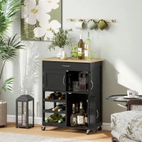 Carrello da Cucina in Legno con Portabottiglie, 3 Ante e Cassetto, 67x37x87 cm, Nero e Rovere