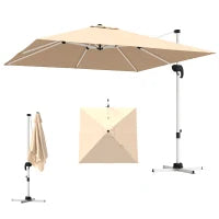 Ombrellone a Braccio Inclinabile con Base a Croce, in Poliestere, Alluminio e Metallo, 295x295x260 cm, Cachi