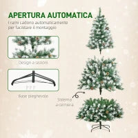 Albero di Natale Artificiale Innevato 180cm con 800 Rami e Pigne, Apertura Automatica e Base Pieghevole, Verde