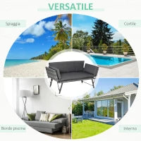 Divano da Giardino 2 Posti in Rattan con Imbottitura e Braccioli Ribaltabili, 129x63x67cm, Grigio