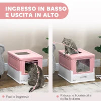 Lettiera per Gatti Chiusa in PP a 2 Porte con Paletta e Vassoio Estraibile, 47.5x35.5x36.7 cm, Rosa e Bianco