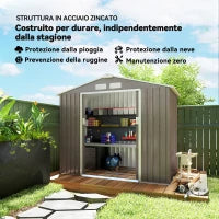 Casetta da Giardino in Metallo con Prese d'Aria e Doppia Porta Scorrevole, 2.1x1.3m, Marrone Chiaro