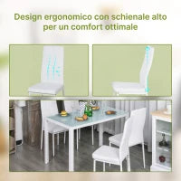 Set 5 Pezzi con 1 Tavolo e 4 Sedie per Cucina o Sala da Pranzo in Finta Pelle, Metallo e Vetro Temperato, Bianco