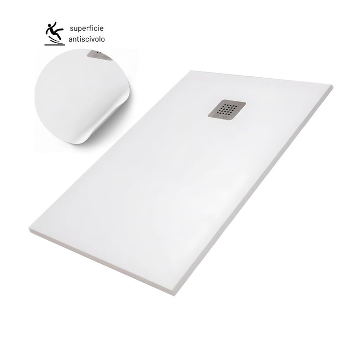 Piatto doccia mineral marmo resina antiscivolo h3,5 cm con piletta *** finitura- bianco opaco, misure l120 x p90 x h3...