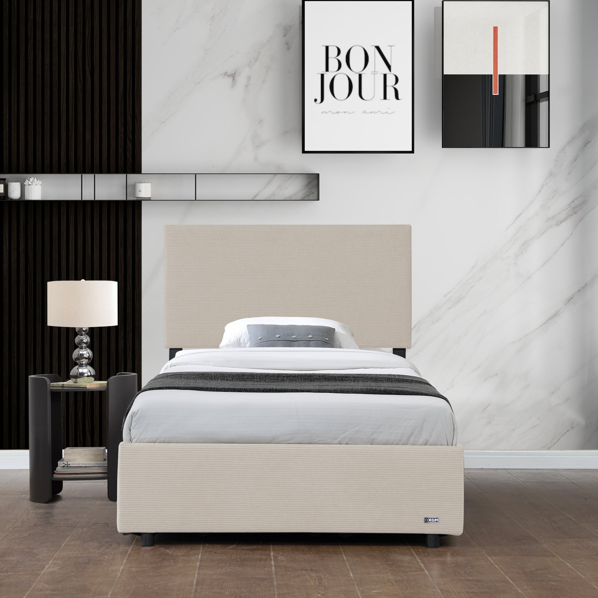 Letto Contenitore Juva con Apertura a Ribalta Letto Singolo 90x200 cm Velluto a Coste Beige Corium