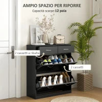 Mobile Scarpiera da 12 Paia con 2 Ripiani Interni Regolabili e 2 Cassetti, in Legno, 80x30x91.5 cm, Nero