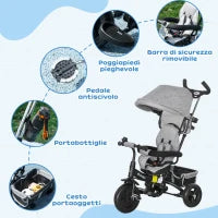 Triciclo per Bambini con Maniglione 6 in 1, Tettuccio Regolabile e Cintura di Sicurezza, Età 1-5 Anni, Grigio