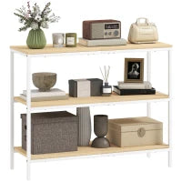 Console da Ingresso con 3 Ripiani Aperti e Gambe in Metallo, per Corridoio, Ingresso, Soggiorno, Camera da Letto, Naturale e Bianco