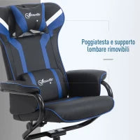 Set 2 Pezzi Poltrona Gaming Reclinabile Inclinabile a 130° con Sgabello Poggiapiedi, Nero e Blu Scuro