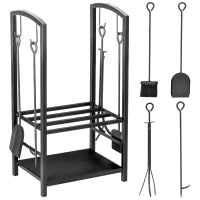 Portalegna da Interno ed Esterno in Metallo a 2 Ripiani, Porta Legna per Interni, Paletta, Scopa, Attizzatoio e Pinza, 40x30x74.5 cm, Nero