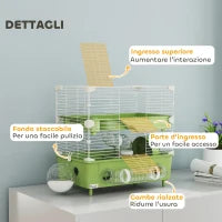 Gabbia per Criceti a 2 Livelli e 3 Porte con Ruota e Tubi, in Acciaio, PS e PP, 44.5x28x44 cm, Verde e Bianco