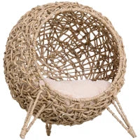Cesta Rialzata per Gatti Fino a 10kg in Rattan PE Marrone (Φ52x58cm)