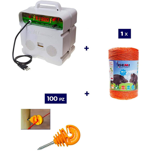 Kit completo recinto elettrico con 1 x Elettrificatore 220V + 1 x Filo 500 MT 6 Mm² + 100pz isolatori per pali legno