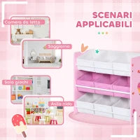 Mobiletto Portagiochi con 9 Cestini Rimovibili in Legno e Tessuto, 63x30x60 cm, Rosa e Bianco